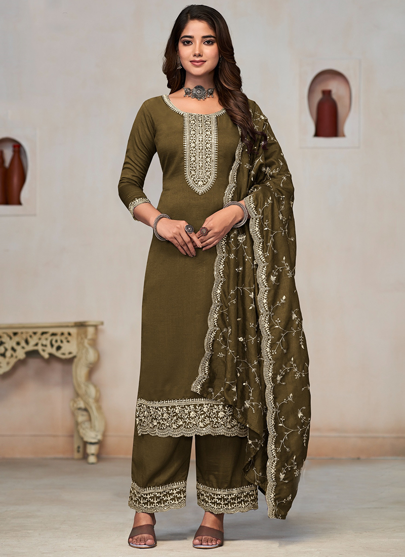 Mehendi Green Crush Velvet Mirror & Gotta Work Straight Suit with Beautiful Chiffon Duppata